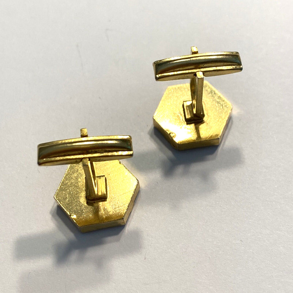 Vintage Mid Century Cufflinks Goldtone & Frosty Silvertone Geometric Hexagon - Picture 3 of 7